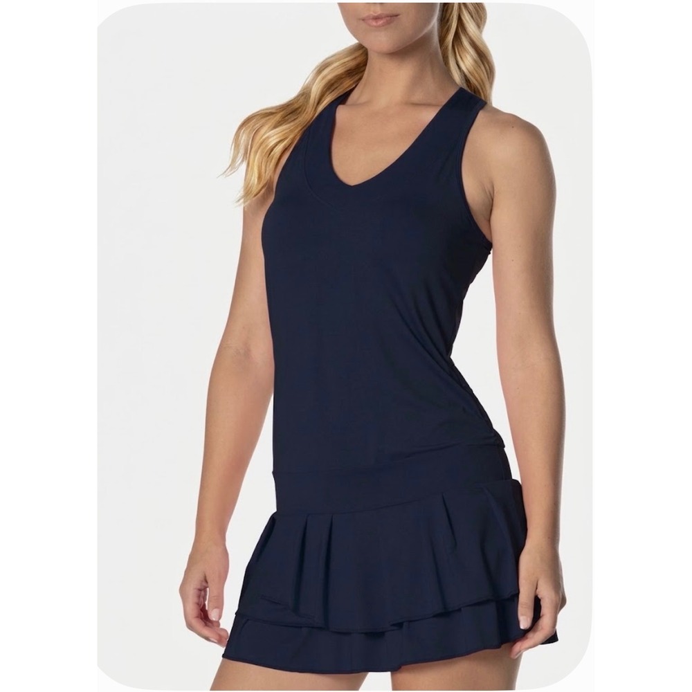 Lucky in Love Tennis Dress Women S Navy Blue Pleated Racerback Athleisure Golf